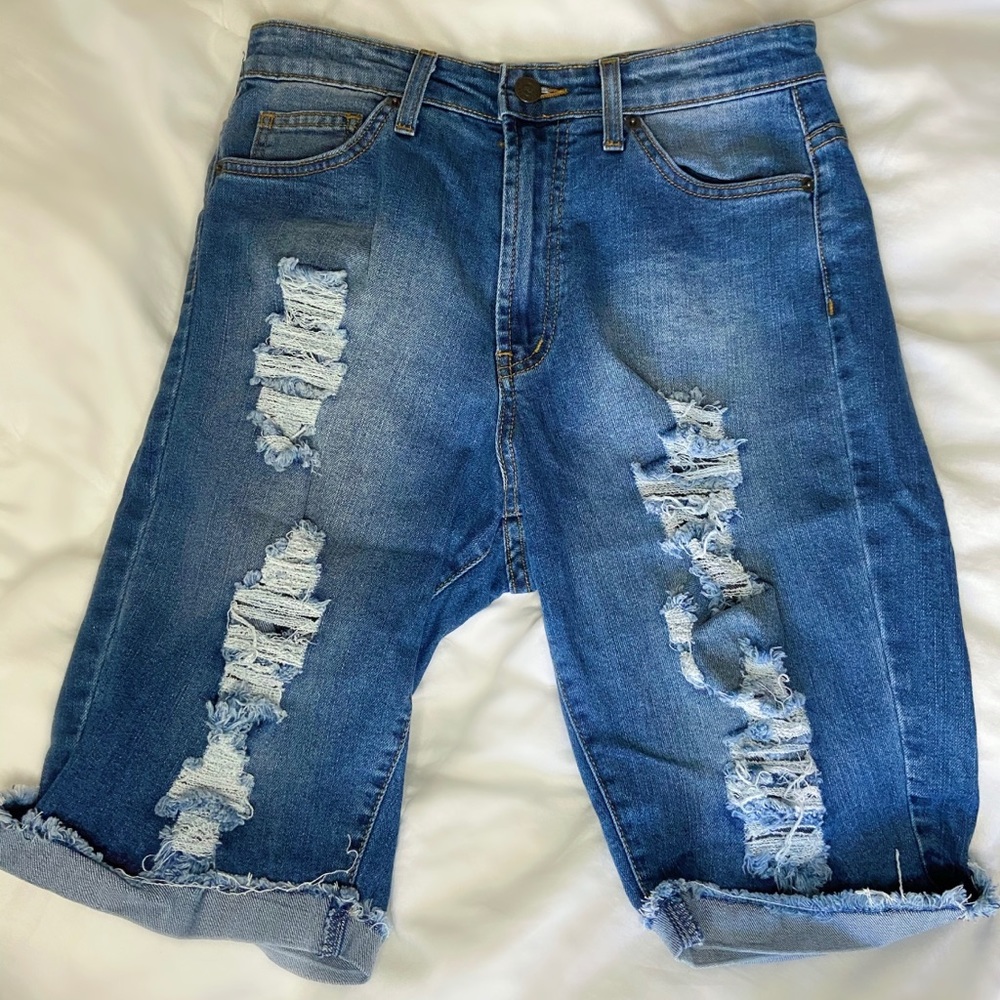 Distressed Denim Bermuda Shorts